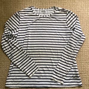Navy and white striped Land’s End UPF 50 sun shirt